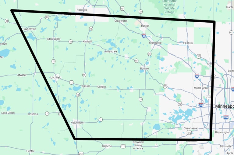 Arcadia Landscapes LLC Service Area Map covering Wright County, Hutchinson, and Waconia MN