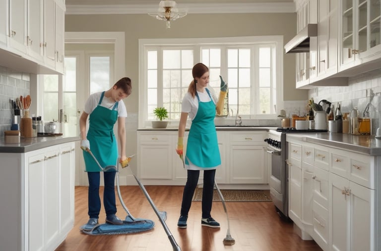 A team of cleaners performing deep cleaning in a living room.