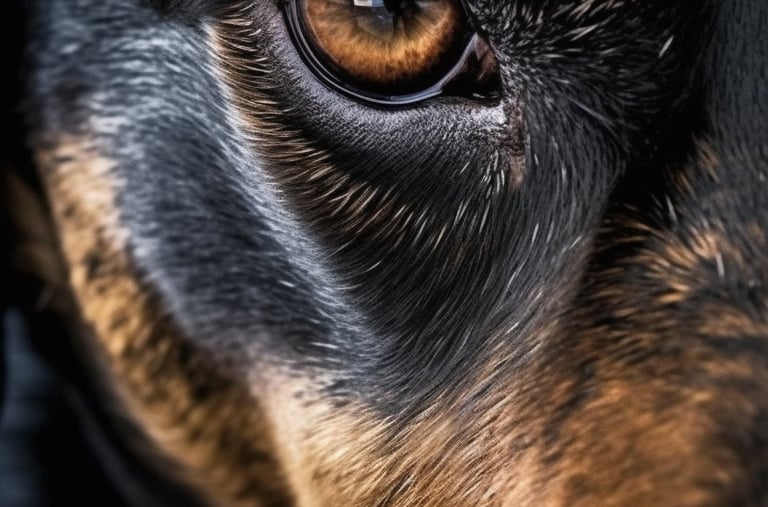 a dog is looking at the camera and the eyes are brown