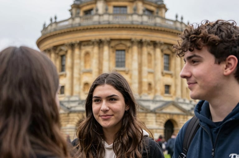 Estudantes em frente da universidade em Oxford.