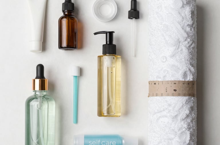 Luxurious body care products with golden accents on white surface.