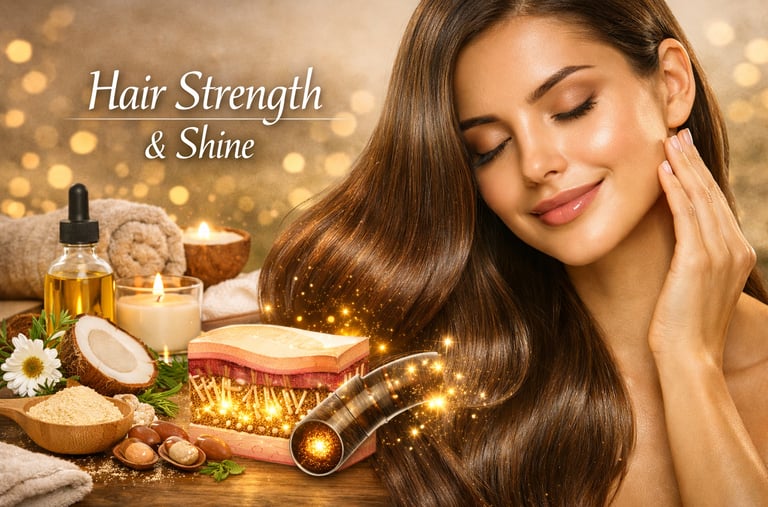 Woman with shiny brown hair showing hair strength products and scalp follicle cross-section.
