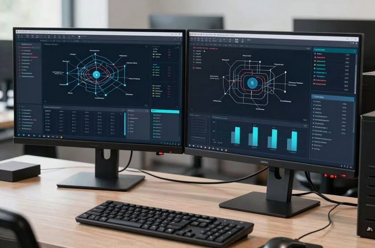 A sleek IT engineer workstation in a professional office in North America with dual monitors displaying organized network topology graphs and live server telemetry data. Bright, clean, and highly technical workspace.