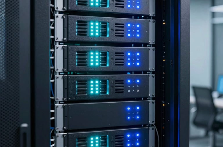 A commercial server rack enclosure cabinet with immaculate, professional cabling. Glowing cyan and blue status LEDs represent high security and system optimization, set in a dust-free server room.