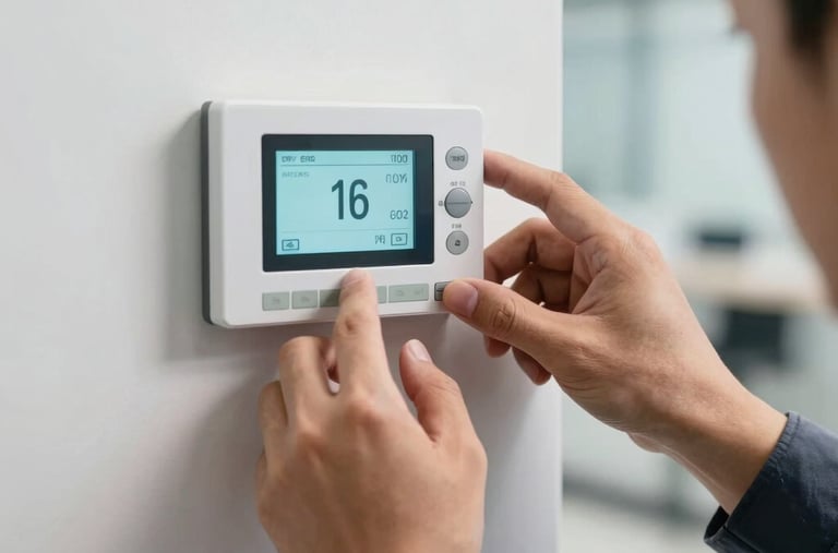 A close-up photograph of an HVAC specialist installing a state-of-the-art wall-mounted digital thermostat inside a clean, modern North American corporate building. Precise hands carefully configuring the digital system interface.