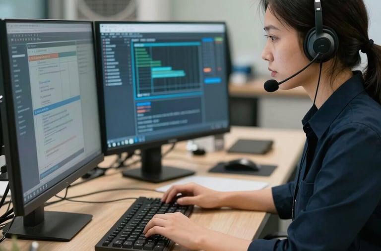 An organized helpdesk operations room with dual-screen configurations and advanced wireless communication headsets, representing dependable, round-the-clock remote IT and HVAC dispatch support.