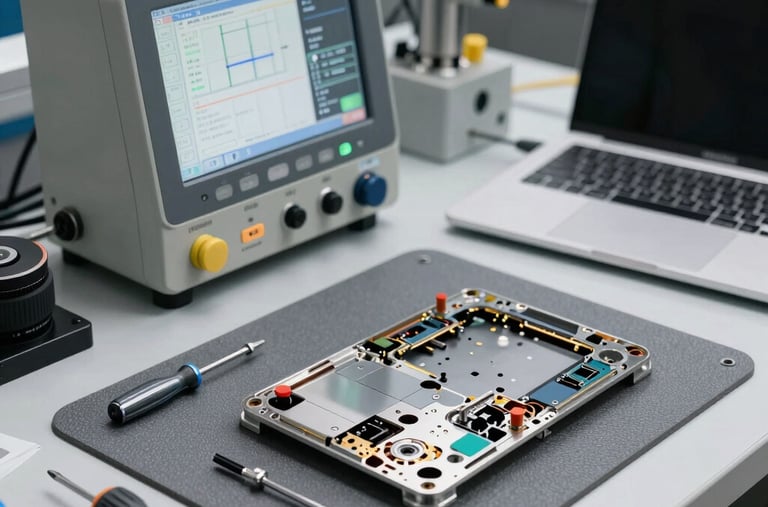 A high-precision technical workbench with computerized diagnostic tools, fine screwdrivers, and a laptop disassembled safely on an anti-static gray mat for repair.