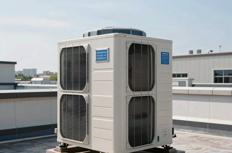 A modern, highly efficient commercial rooftop condenser unit pristine and freshly installed on a clean corporate roof deck under a bright sky in the US.