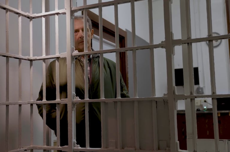 Famous Actor Jack Mulcahey stands looking in through the bars of a jail cell. From "60 Miles North"