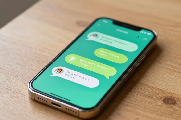Close-up of a modern smartphone on a clean wooden table displaying a bright, friendly medical chat application. Soft light, vibrant teal and apple green colors, minimalist South American modern flat design background.