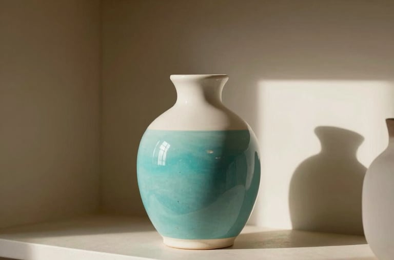 A minimalist design piece or ceramic vase on a shelf in a modern, sunlit Chilean therapy office. Beautiful soft lighting, warm aesthetic, featuring hints of vibrant turquoise celeste and white.