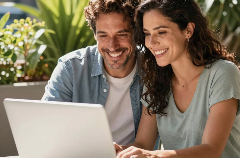 A relaxed Chilean couple sitting together on a sunny terrace in Santiago, sharing a bright laptop screen, smiling happily. Uplifting and healthy mood, vibrant background with lush green plants.