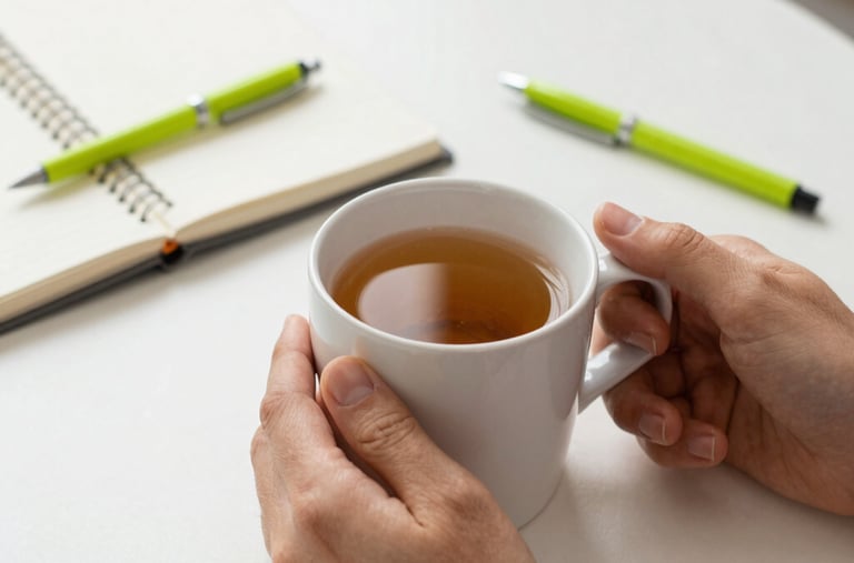 A close-up of hands holding a warm mug of herbal tea, cozy modern desk setting with a notebook and bright vibrant apple green pens. Minimalist therapy workspace, soft natural lighting in a Chilean office.