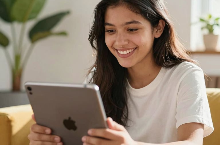 A happy South American teen smiling during a video call on a tablet, sitting in a bright room with a colorful minimalist plant background. Energetic, uplifting atmosphere with warm sunshine, professional photography.