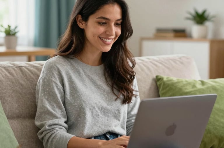 A cheerful Chilean woman in her 20s sitting on a bright living room couch in Santiago, smiling and talking during an online therapy session on her laptop. Natural bright warm light, modern cozy environment, styled with vibrant apple green and turquoise accents. Clean professional photography.