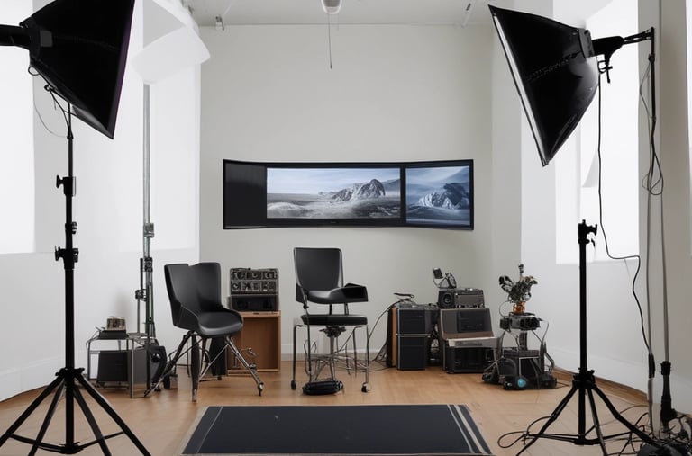 A cozy, modern photo studio in Braga with bright lights and creative equipment neatly arranged.