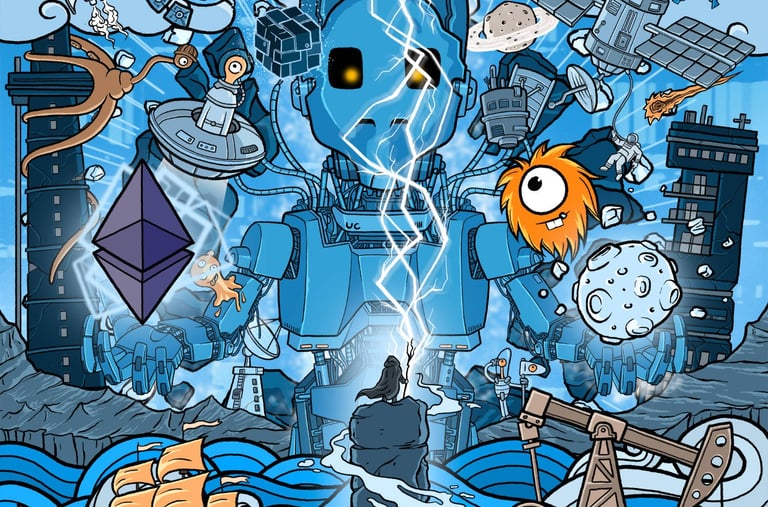 Surreal digital art featuring a giant robot, and space elements in a sci-fi landscape - by Unicris.