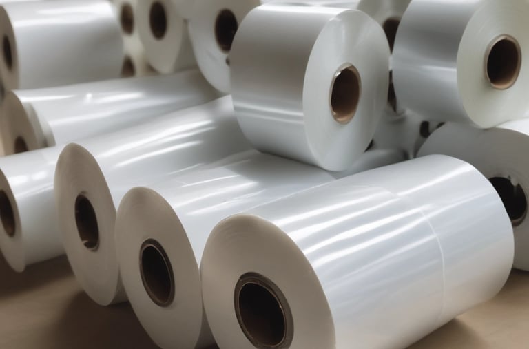 Rolls of transparent plastic film ready for printing and packaging.