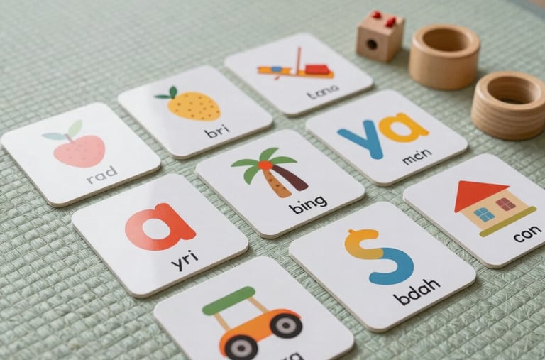 A beautifully arranged set of phonics activity cards and wooden toys on a soft light-green woven mat, shot from an high-angle, clean natural light.