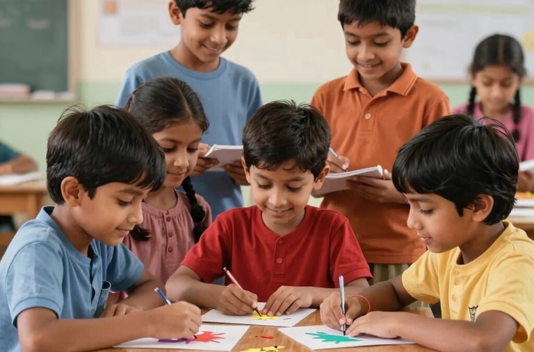 A small group of young South Asian children happily working together on a craft project around a low wooden table in a serene classroom.