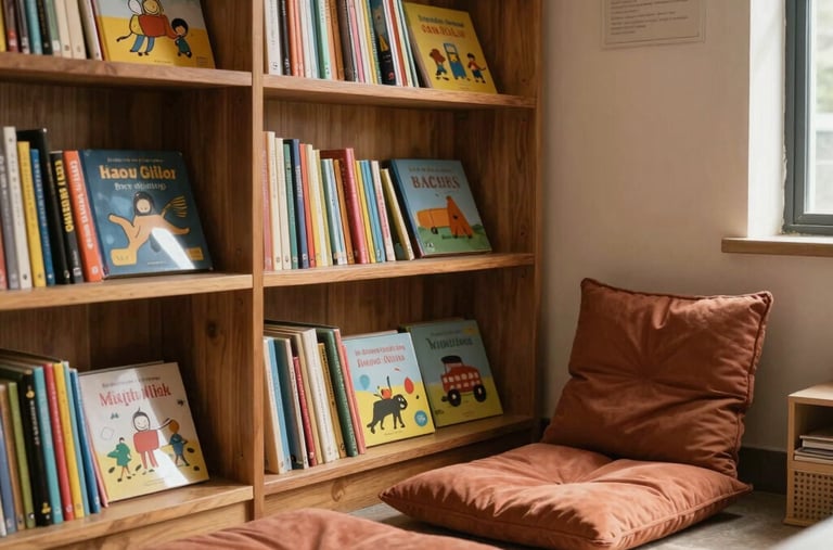 A small, cozy reading corner inside a learning studio in Mumbai, featuring low wooden bookshelves filled with picture books, soft comfortable terracotta floor cushions, and natural light.