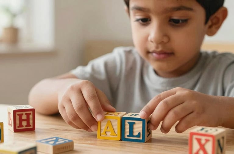 A close-up of an Indian child's hands carefully placing colorful letter blocks on a light wooden table, bright and cozy warm atmosphere, soft focus background.
