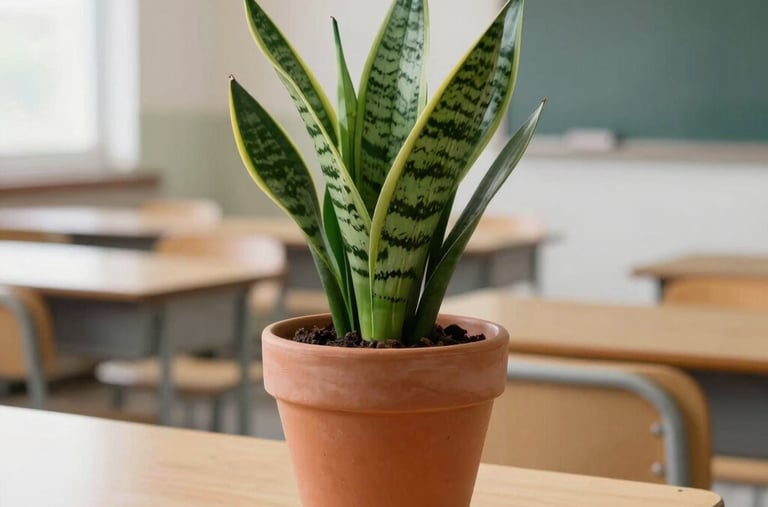 A vibrant terracotta-colored pot with a fresh green indoor snake plant, resting on a clean light-wooden desk inside a bright classroom.