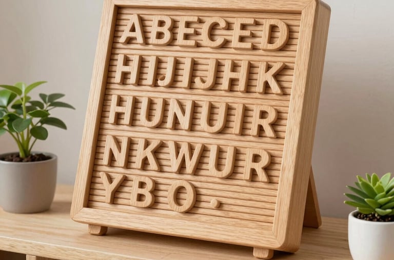 A beautiful wooden phonetic sound board displaying letters of the alphabet, sitting on a child-sized light wood shelf surrounded by tiny potted plants.