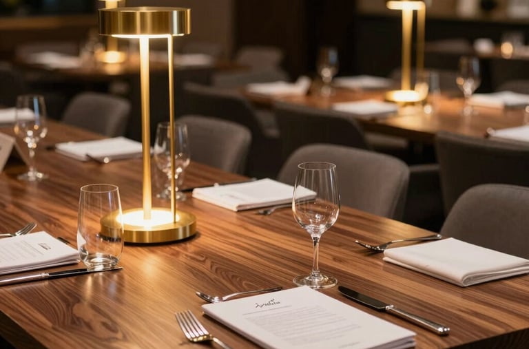 A high-end corporate seminar setup in Dubai, featuring warm charcoal wood tables with crisp stationery, sleek design details, glowing gold light installations, and an air of professional prestige.