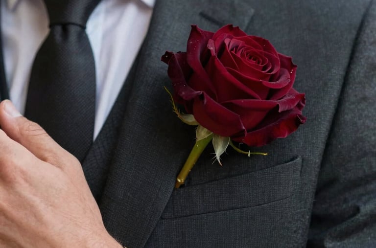 A detailed close-up of a groom's sharp dark charcoal suit with an elegant metallic gold watch and a single deep burgundy rose pinned to the lapel, reflecting premium craftsmanship.