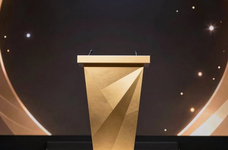 A corporate gala stage in Riyadh, featuring a sleek modern podium with a subtle metallic gold geometric pattern, surrounded by rich soft lighting and dynamic celebratory highlights.