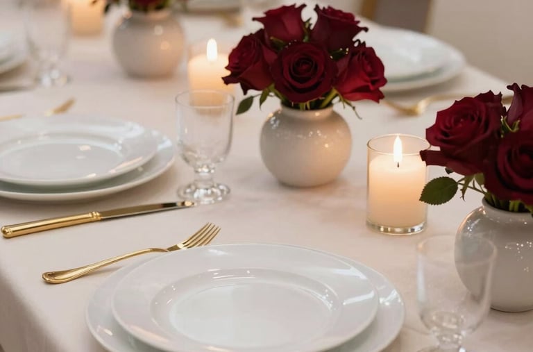 Close-up of a luxurious Middle Eastern / Gulf wedding table setup. Alabaster white plates accented with gold utensils, deep burgundy roses in modern low vases, and flickering warm candles on a soft cream tablecloth.