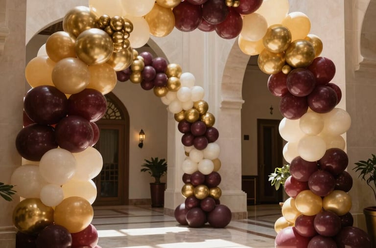 An elegant grand foyer in Muscat prepared for a high-society graduation celebration, decorated with massive arches of metallic gold, deep burgundy, and soft cream balloons, beautifully reflecting sunlight.