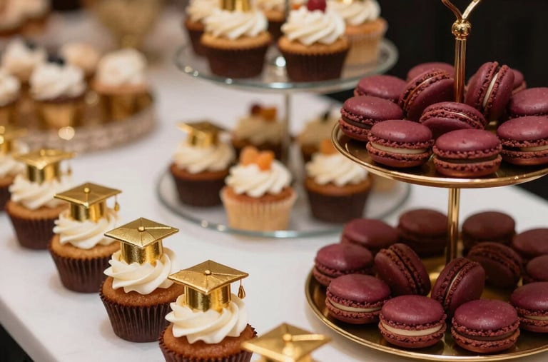 A stylish sweet table at a luxury graduation party in Doha. Gourmet cupcakes decorated with small golden academic caps, and rich burgundy macarons on tiered glass and gold platters.