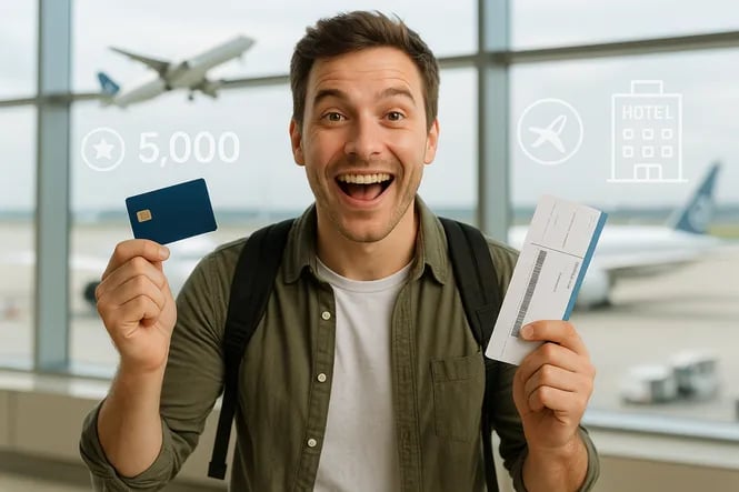 Traveler holding credit card and boarding pass at airport, using reward points to book flights and hotels.
