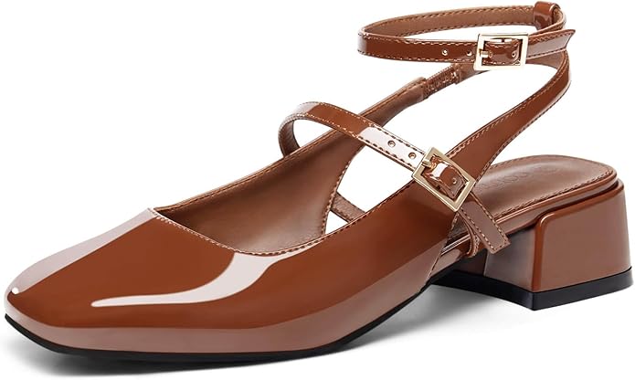 Coutgo Womens Mary Jane Chunky Low Heels Closed Square Toe Ankle Strap Pumps