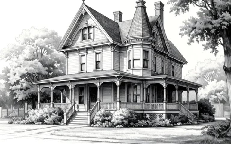 An image of a 3D Victorian style home rendered in black and white.