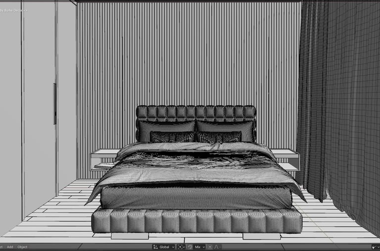 An image of a bedroom shown in wireframe view on the computer in Blander.
