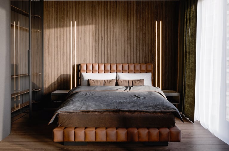 An image of a bedroom shown in rendered view on the computer in Blander.