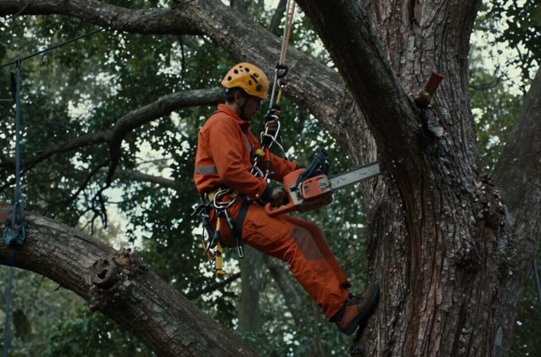 An arborist in a tree using a chain saw to remove a dead limb