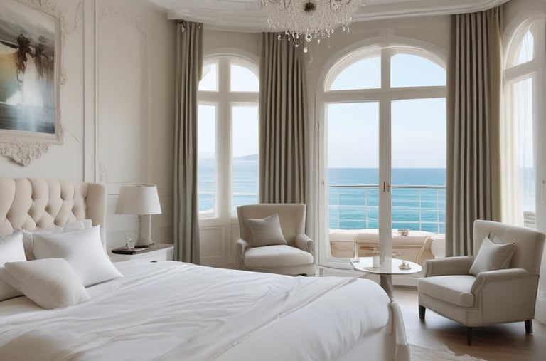 Cozy deluxe room bathed in warm sunlight with a view of blue sky and birds flying outside.
