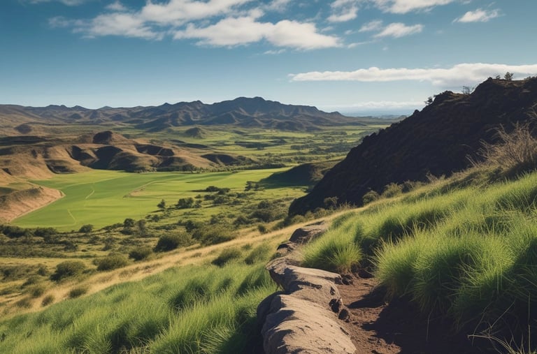 Panoramic mountain hiking trail overlooking a lush green valley under a bright blue sky.