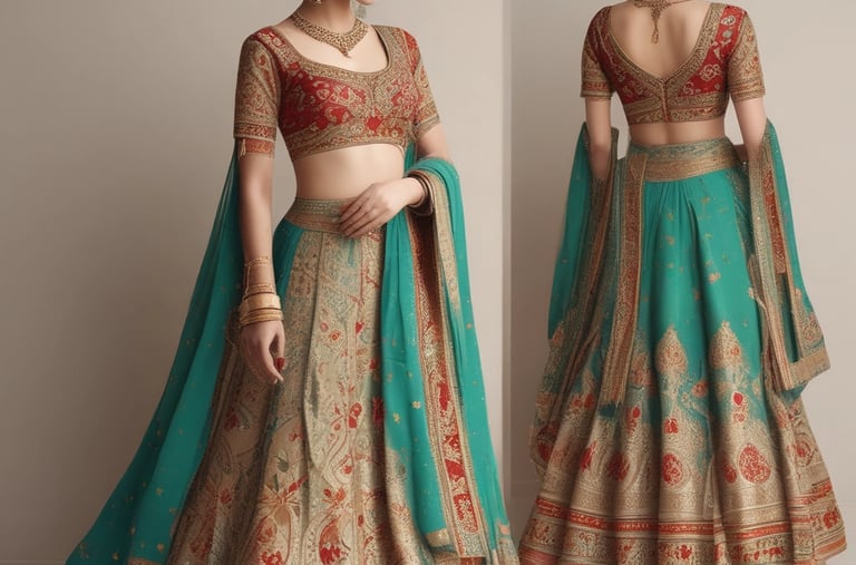 A delicate poshak outfit styled with traditional jewelry on a rustic wooden chair.