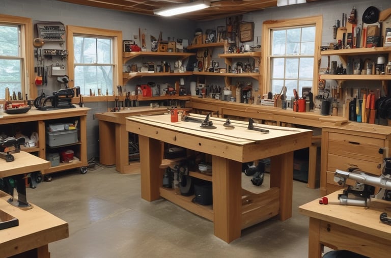 A custom-made wooden board in progress inside a cozy garage workshop with tools and wood shavings.