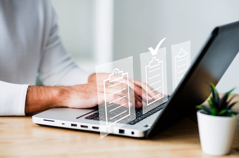 Product Registration UAE person using laptop and tasks layout