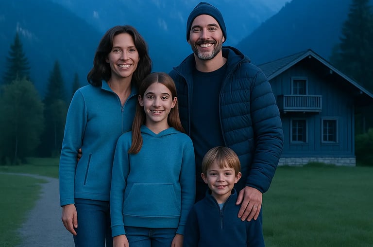 Famille souriante devant un chalet de montagne