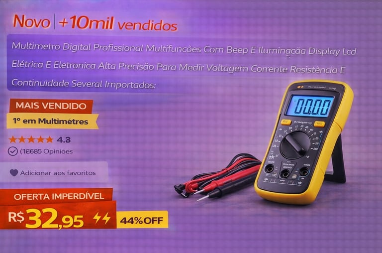 Multímetro digital profissional amarelo com visor LCD e pontas de prova para medição elétrica e eletrônica.