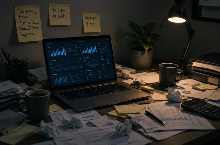 A cluttered desk with a laptop displaying a business analytics dashboard surrounded by reports and sticky notes.