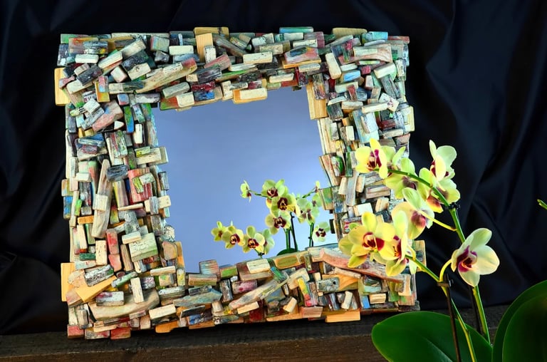 Exklusives GREEN RUBIN Spiegel-Unikat mit massivem Rahmen aus bunten Holzscheiten