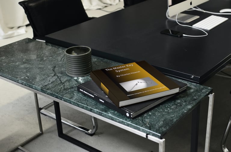 a table with a cup of coffee and a book "The Master Key System"